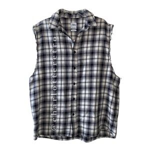 Zara Sleeveless Plaid Button Down Muscle Shirt